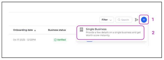 Screenshot showing a "plus" button and a popup linking to an add business page