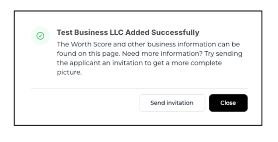 A confirmation message stating "Test Business LLC Added Successfully,"  Two buttons are shown: "Send invitation" and "Close".